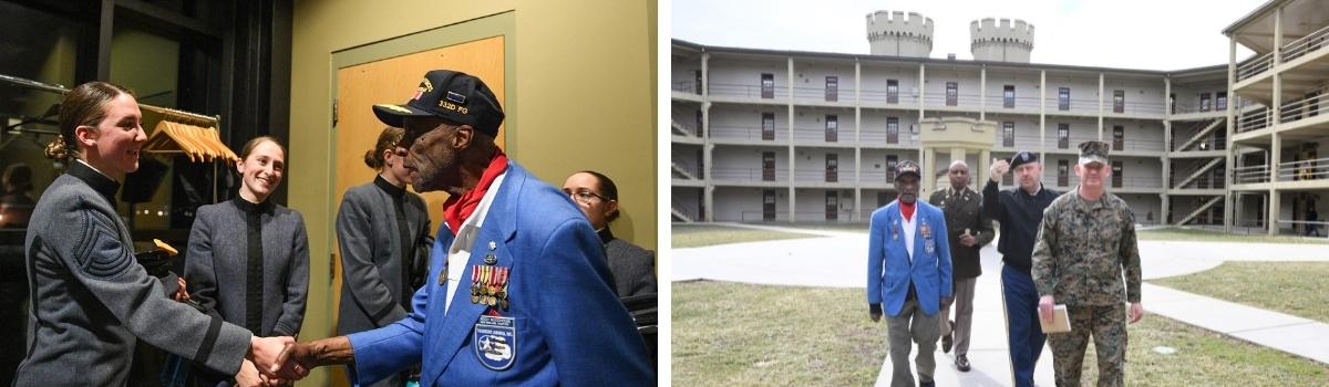 Left: Alexandra Sassaman ’22 shakes the hand of Lt. Col. Enoch “Woody” Woodhouse II after he signed her Tuskegee Airman commemorative quarter.—VMI Photo by H. Lockwood McLaughlin. Right: Sgt. Maj. William T. Sowers, Col. Gary Bissell ’89, and Lt. Col. John Young take Lt. Col. Enoch “Woody” Woodhouse II through barracks during his visit on Feb. 18.—VMI Photo by Kelly Nye.