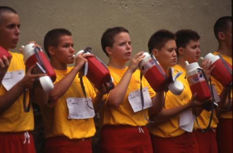 Male and female rats take a water break on Matriculation Day in August 1997.—Photo courtesy of VMI Archives.