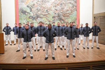 Members of the VMI Class of 2024 members pose in uniform after being selected as Corps leaders for the following academic year at a military college.