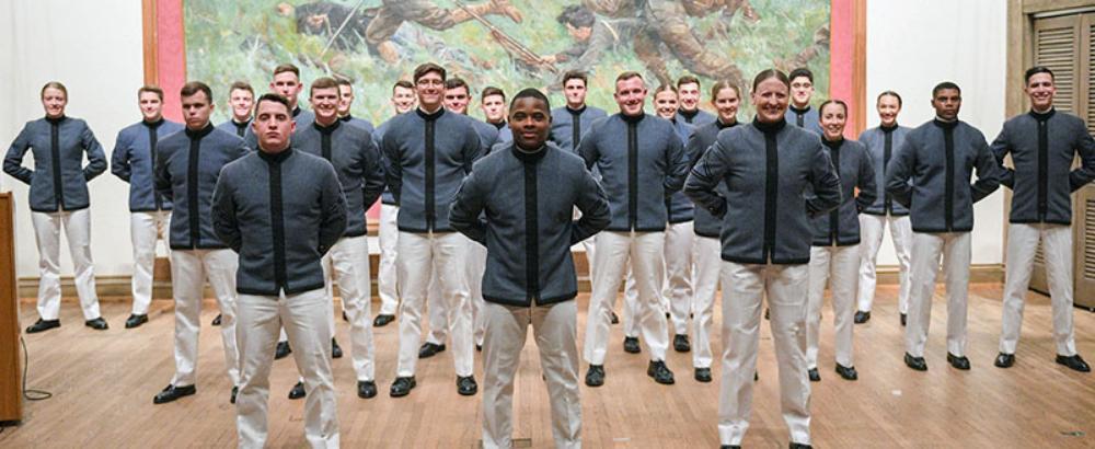 Members of the VMI Class of 2024 members pose in uniform after being selected as Corps leaders for the following academic year at a military college.