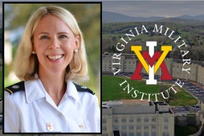 Headshot of Atwell with VMI logo and photo of post