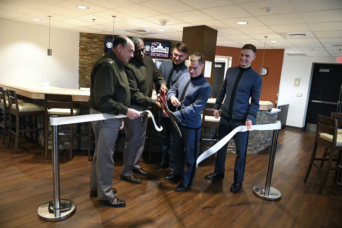 The new cadet activity center located on the ground floor of Crozet Hall has been dubbed “The Arsenal,” is for their use to relax, socialize, and enjoy televised events.