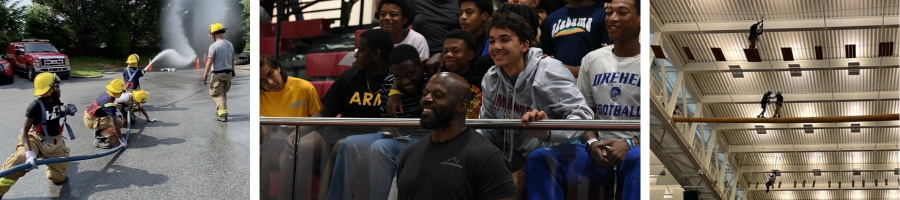 Students work with fire department hoses, meet with NFL linebacker, and use VMI's ropes course.