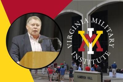 J. Michael Lutting photo over Cameron Hall exterior shot with VMI logo