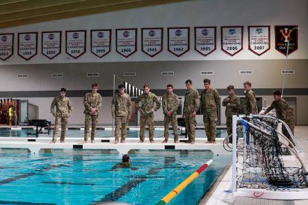 Students at a swim class at VMI, a military college in Virginia