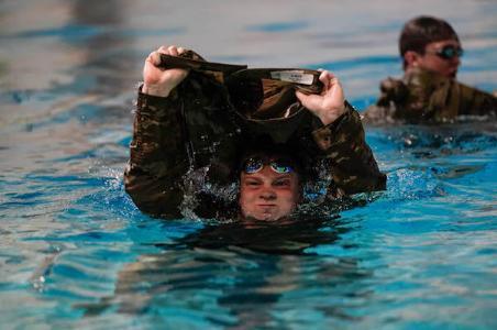 Students at a swim class at VMI, a military college in Virginia