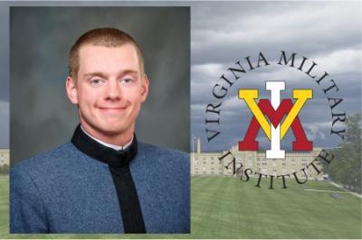 Hayden Rose portrait over image of VMI barracks