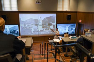 Student giving honors presentation at VMI, a military college in Virginia