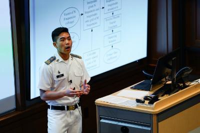 Student giving honors presentation at VMI, a military college in Virginia