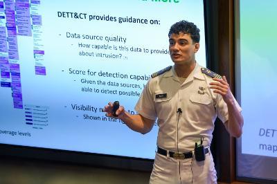 Cadet presenting honors thesis at VMI, a military college in Virginia