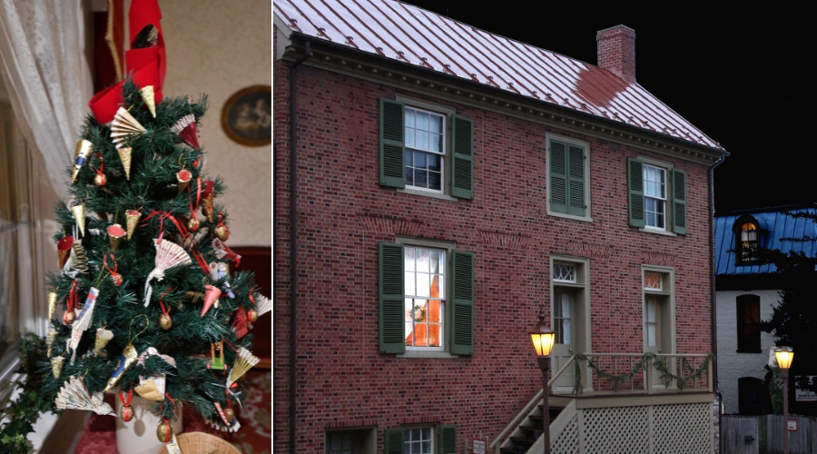 Christmas tree indoors and exterior of Jackson House Museum.