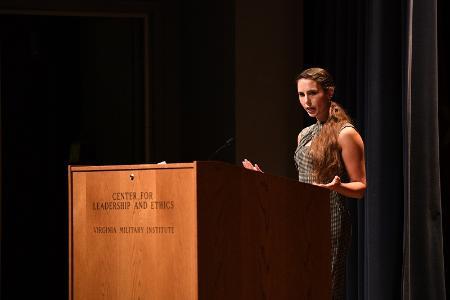 Rachael Denhollander, the first woman to pursue criminal charges against U.S.A. Gymnastics’ team doctor Larry Nassar, one of the most prolific sexual abusers in recorded history, appeared as the Caroline Dawn Wortham ’12 Leadership Speaker in Gillis Theater.-VMI Photo by H. Lockwood