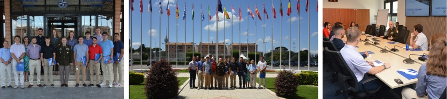 Cadets and NDC staff outside building and at conference table.