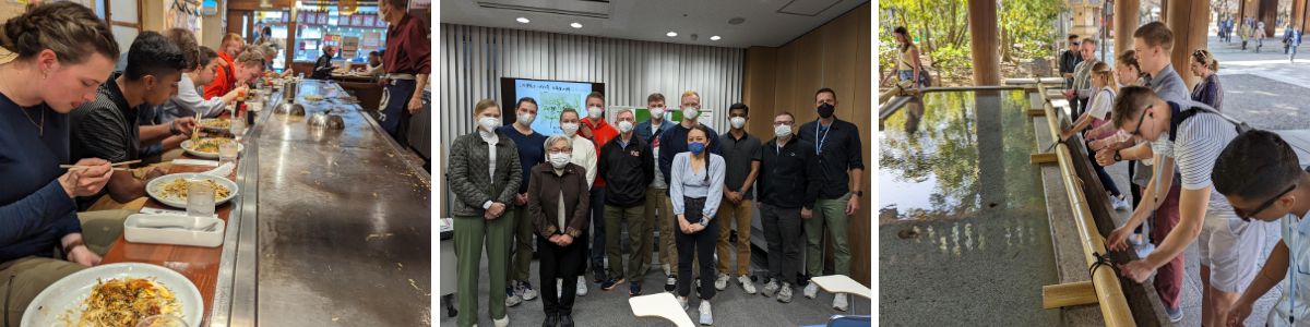 L to R: cadets enjoy an authentic meal, cadets who traveled to Japan welcome their counterparts from the Japanese National Defense Academy, VMI cadets at the Yakasuni Shrine in Tokyo