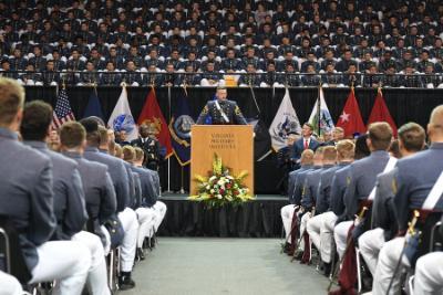 Students during the 2023 commencement ceremony at VMI, a military college in Virginia