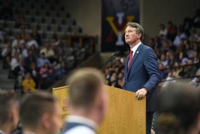 Gov. Glenn Youngkin during the 2023 commencement ceremony at VMI, a military college in Virginia