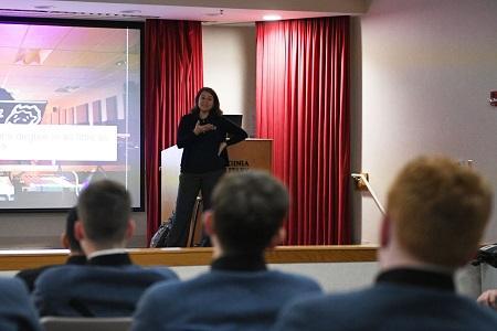 Dr. Dannette Gomez Beane, assistant vice provost for enrollment management for strategic initiatives at Virginia Tech speaks to cadets at VMI, a military college in Lexington, Virginia.