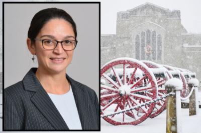 Gussie Lord '01 and photo of cannons and Memorial Hall in snow