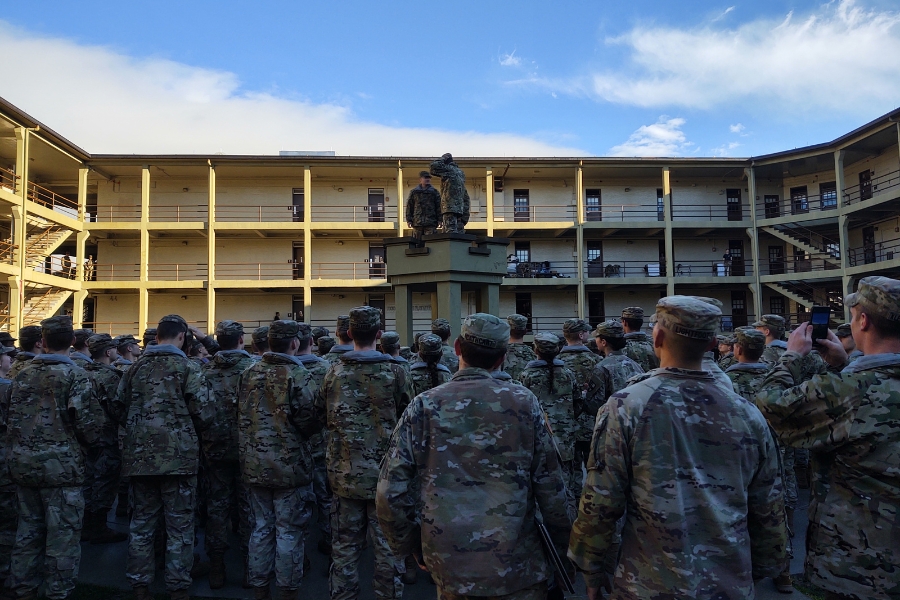 4th Class Cadets - VMI's freshmen students - gather for an Old Yell.