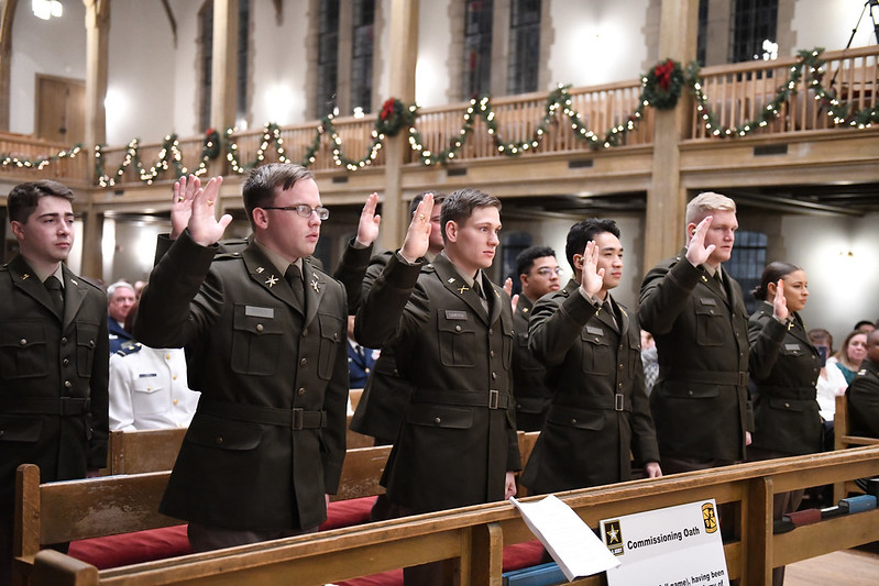 Army ROTC cadets take their oaths during the commissioning ceremony at Virginia Military Institute.