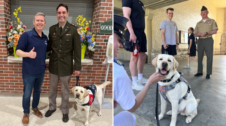 LEFT: Capt. David Pollard and Col. John P. Casper ’04 celebrate CAVU’s graduation day from Mutts With a Mission. RIGHT: CAVU visits barracks.
