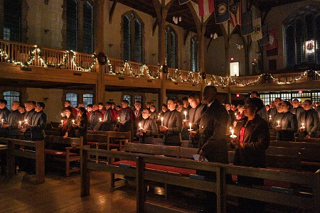 Maj. Gen. Wins and his wife attend a candlelight service with cadets at VMI's Memorial Hall.