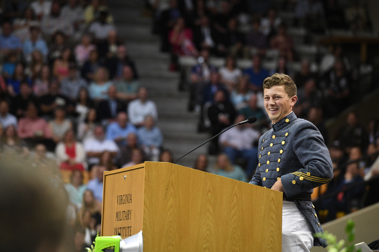 President of the Class of 2024, Cole Cathcart ’24, shares farewell remarks from the stage during Commencement.