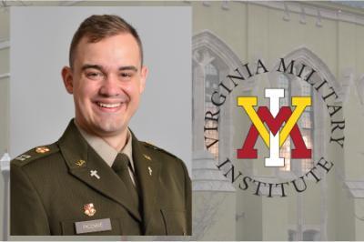 Capt. Eli B. Facemire ’19 with VMI logo and Memorial Hall in the background.