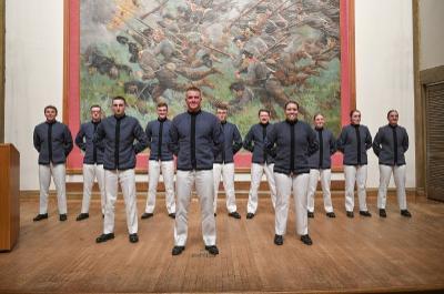 Newest leaders of the VMI Corps of Cadets pose for a photo following the rank announcement ceremony at the military college in Virginia.