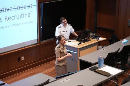 Adam Hoffman '24 presents his senior thesis on VMI recruitment during Honors Week with his academic advisor Col. Sara Whipple.