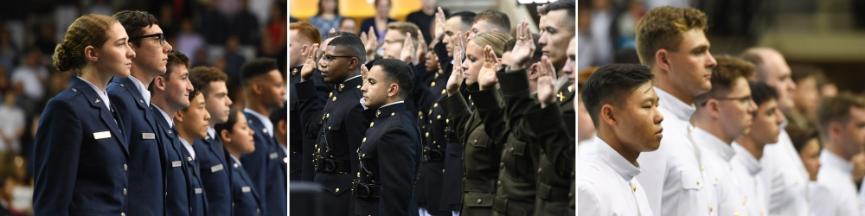 Cadets commissioning into the Air Force, Marine Corps, Army, and Navy take their oaths in Cameron Hall.