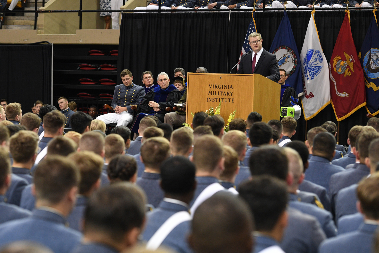 Ryan D. McCarthy ’96, 24th secretary of the U.S. Army speaks to VMI's Class of 2024 in Cameron Hall.