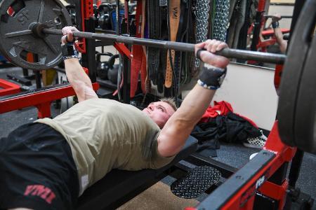 VMI cadets lifting weights in Cocke Hall part of the powerlifting club.