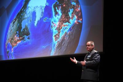 Lt. Gen. Michael Claesson discusses world security in Gillis Theater.