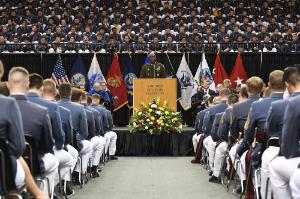 Maj. Gen. Cedric T. Wins ’85, superintendent, addresses cadets and the crowd from the stage in Cameron Hall.