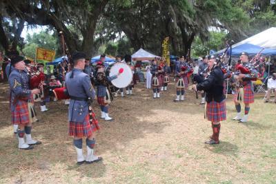 The Pipe Band warms up before competing at the Savannah Scottish Games and Celtic Festival in Georgia.