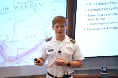 Simon Moore presenting his thesis during VMI Honors Week.