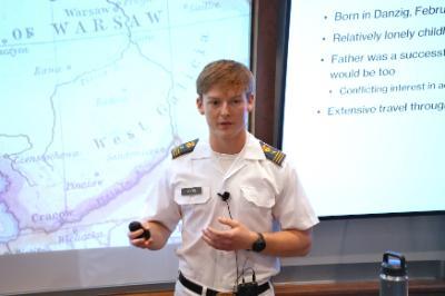 Simon Moore presenting his thesis during VMI Honors Week.