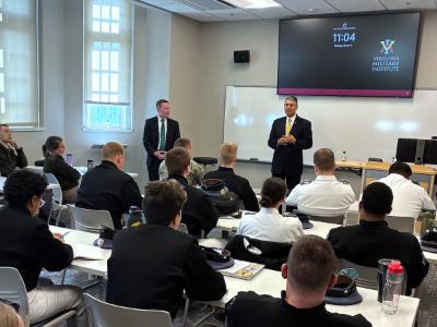 Albert Diaz speaks to cadets in a U.S. Constitutional History class as A. Marvin Quattlebaum Jr. looks on