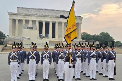 VMI cadets stand in formation in front of the Lincoln Memorial in Washington, D.C. before marching in the Army’s 250th Birthday Parade June 14. —Photo courtesy of VMI Army ROTC.