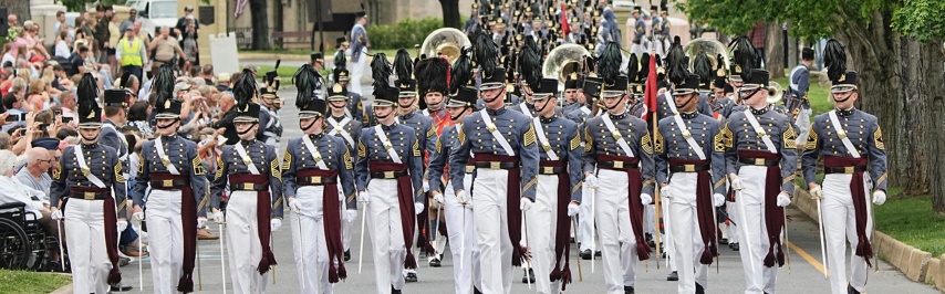 The VMI Corps of Cadets marches down Letcher Avenue during the Memorial Parade.