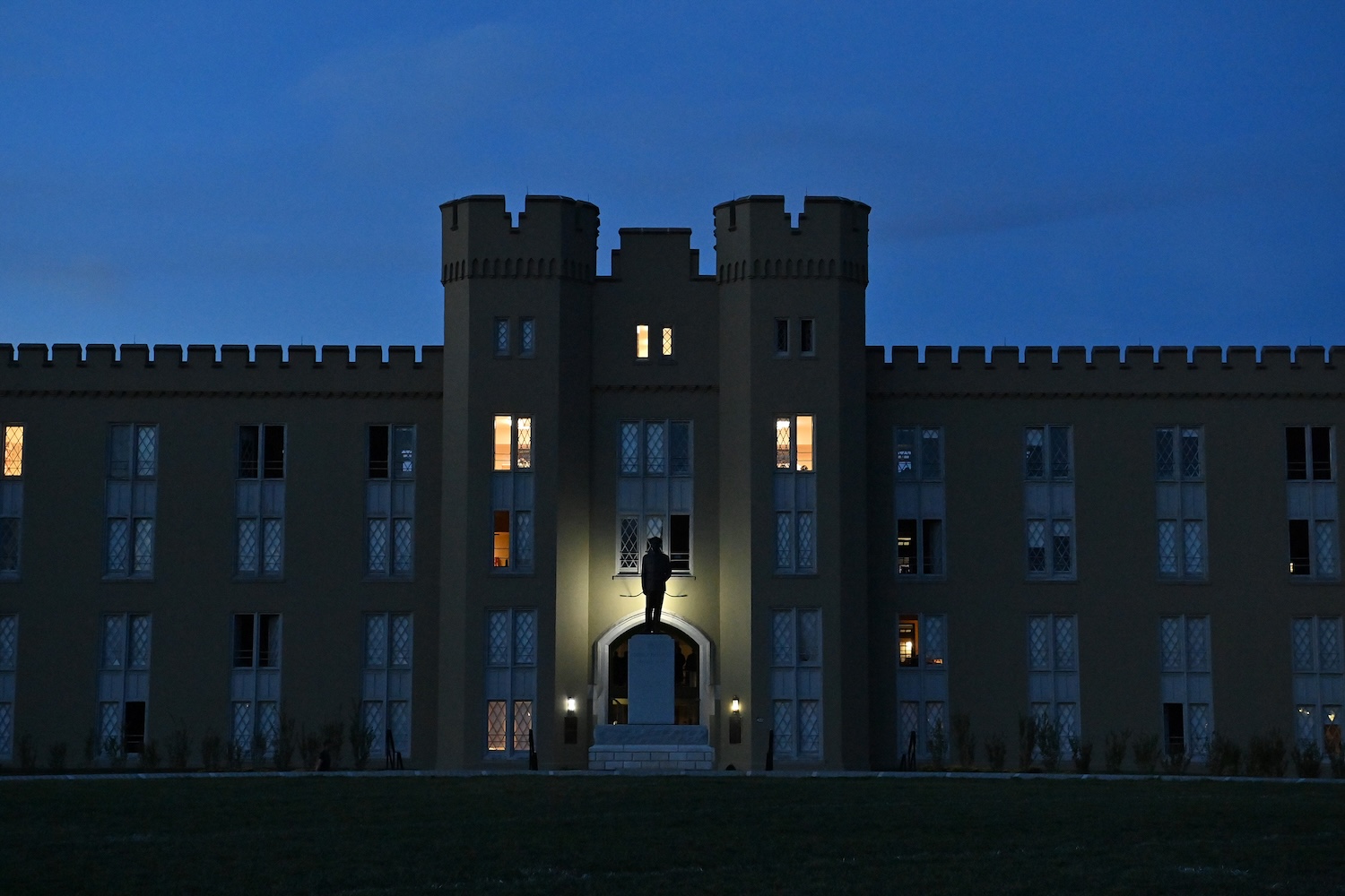 A nighttime view of barracks at Virginia Military Institute in Lexington, Virginia.