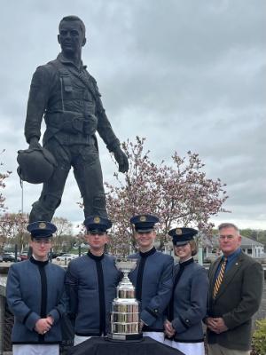 VMI Ethics Team members: Ryan Manning ’26, Riley Malone ’25, Kaiden Minter ’26, Suzanne Leaptrot ’25, and coach, Col. Patrick Looney.