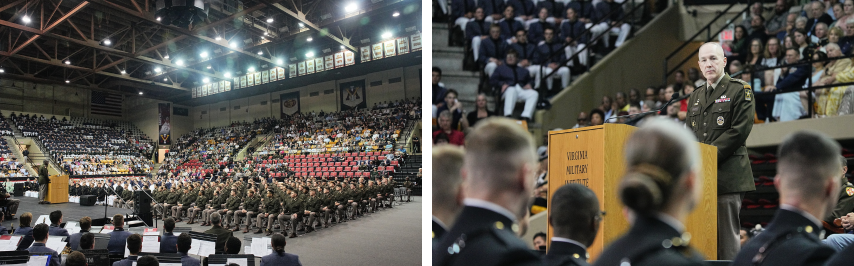 Maj. Gen. Wins (left) and Lt. Gen. Gingrich (right) address commissioning cadets at VMI.