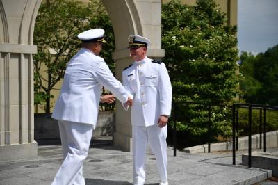 Nicholas Hemstreet ’25 celebrates his commission into the United States Coast Guard.–VMI Photo by Jake Falcone ’27