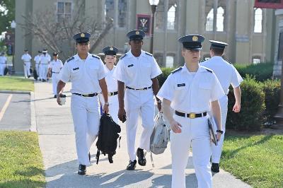 VMI cadets walk along academic row on their way to class.