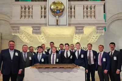 Cadets and advisors at the New York Stock Exchange.
