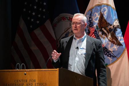 Patrick McShea imparts the importance of soft skills during his keynote speech in Gillis Theater