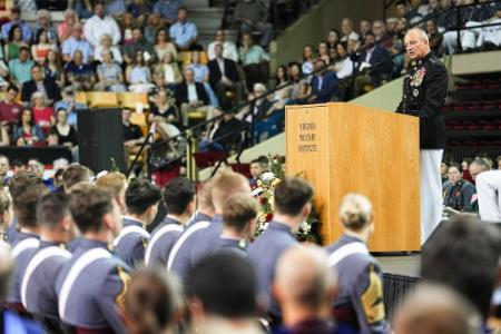 Lt. Gen. David Furness ’87 addresses his first class of graduates as superintendent in Cameron Hall. –VMI Photo by H. Lockwood McLaughlin.