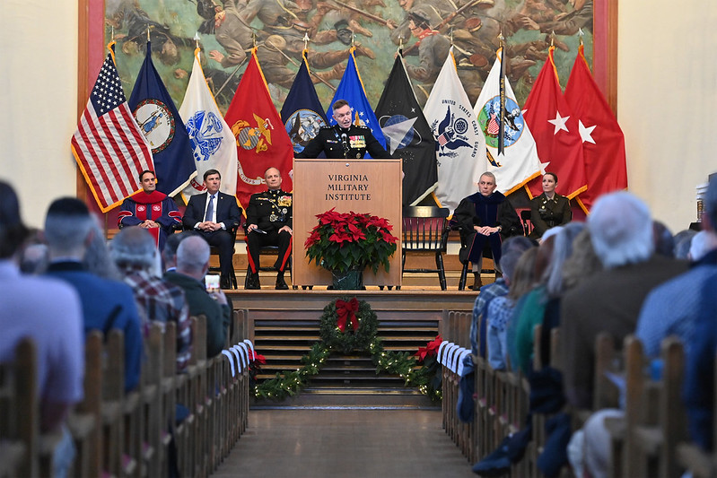 Lt. Gen. William J. Bowers ’90, deputy commandant for Manpower and Reserve Affairs, speaks to VMI graduates.